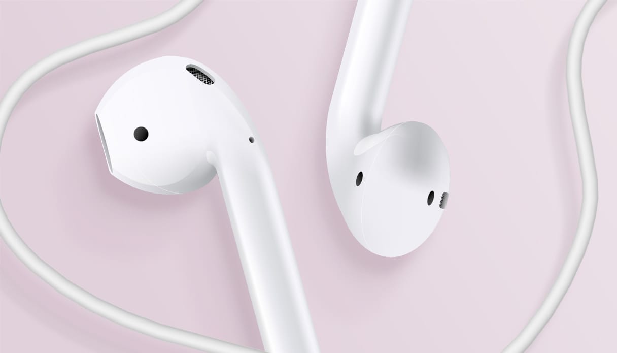 Les Apple EarPods sont centr&eacute;s, entour&eacute;s par les c&acirc;bles des &eacute;couteurs.