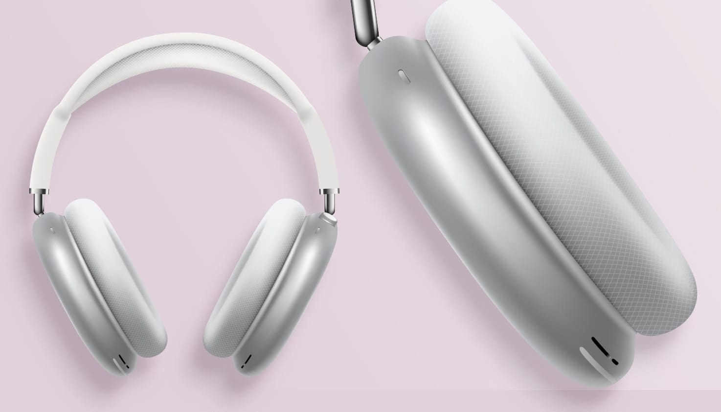 Les Apple AirPods Max sont enti&egrave;rement visibles sur l'image, avec une mise au point sur l'oreillette gauche.
